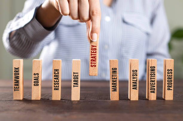 businesswoman hand placing marketing strategies in digital marketing